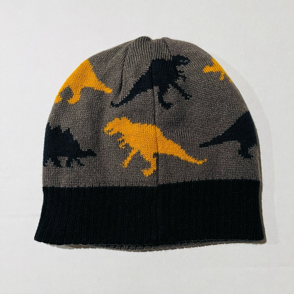 OshKosh B'gosh NWT Reversible Knit Beanie - Gray & Orange Dinosaurs SIZE 2T-4T - Picture 3 of 8
